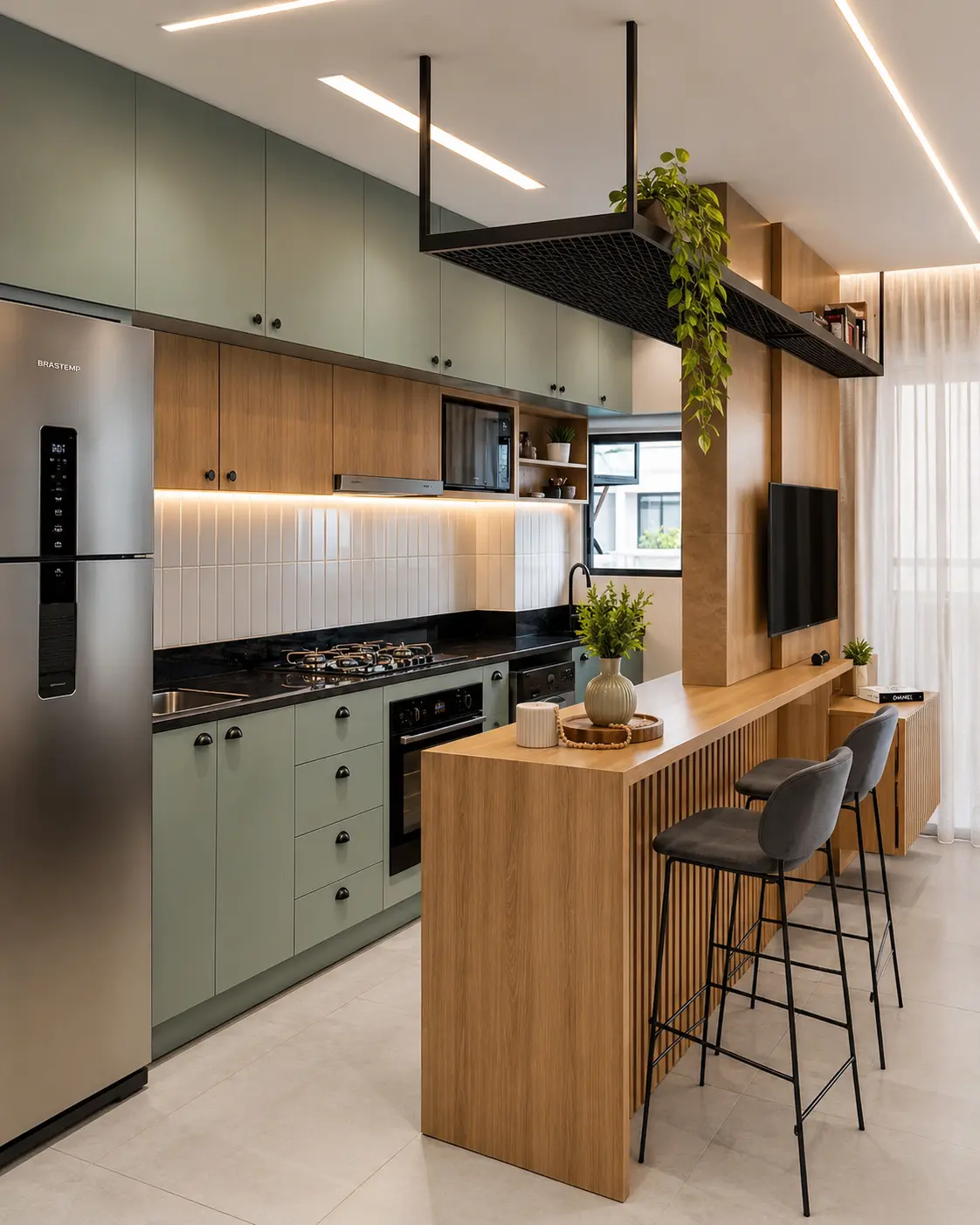Cozinha planejada com marcenaria verde, madeira e bancada integrada